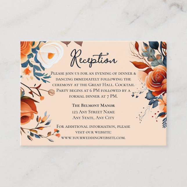 Tarjeta De Recepción RSVP, Naranja ruso quemado y boda azul (Anverso)