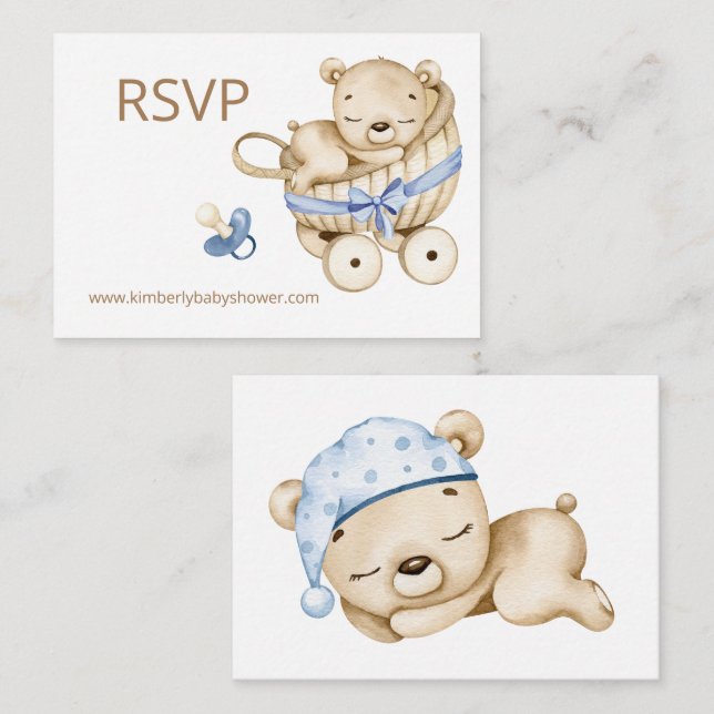 Tarjeta De Recepción RSVP Online Teddy Bear Baby Boy Bear Baby Shower (Anverso / Reverso)