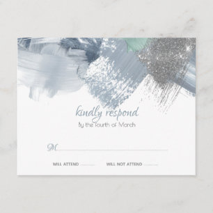 Tarjeta De Recepción RSVP   Pinceles de moda Pewter azul turbio