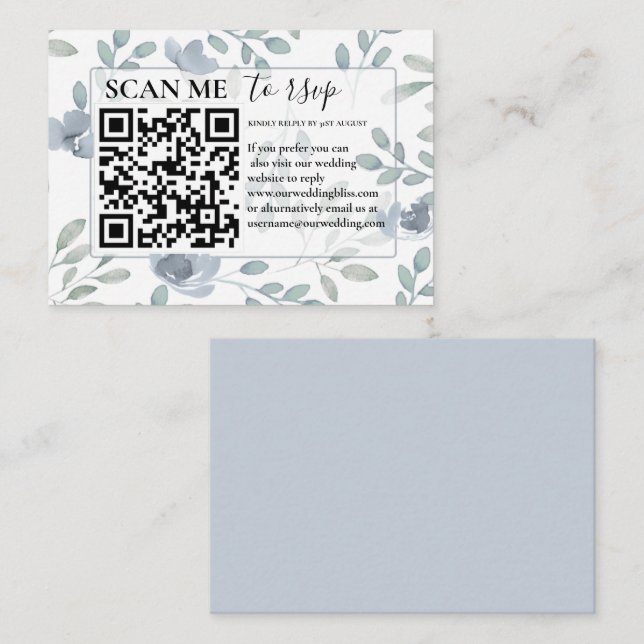 Tarjeta De Recepción RSVP QR Código Rústico Boda Floral Azul Dusty (Anverso / Reverso)