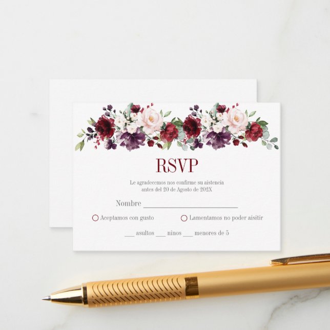 Tarjeta De Recepción RSVP Quinceañera floral rosa y roja (Anverso/Reverso In Situ)