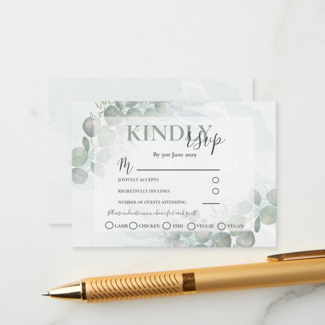 Tarjeta De Recepción RSVP Rustic Eucalyptus Sage Green Boda (Anverso/Reverso In Situ)