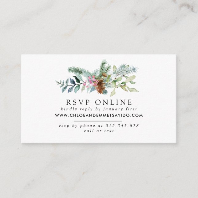 Tarjeta De Recepción RSVP, sitio web de Bodas botánicos de invierno rus (Anverso)