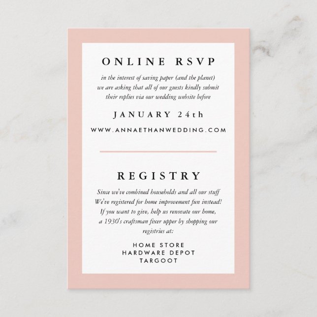 Tarjeta De Recepción RSVP y Registro de la boda de marco de Rubor (Anverso)
