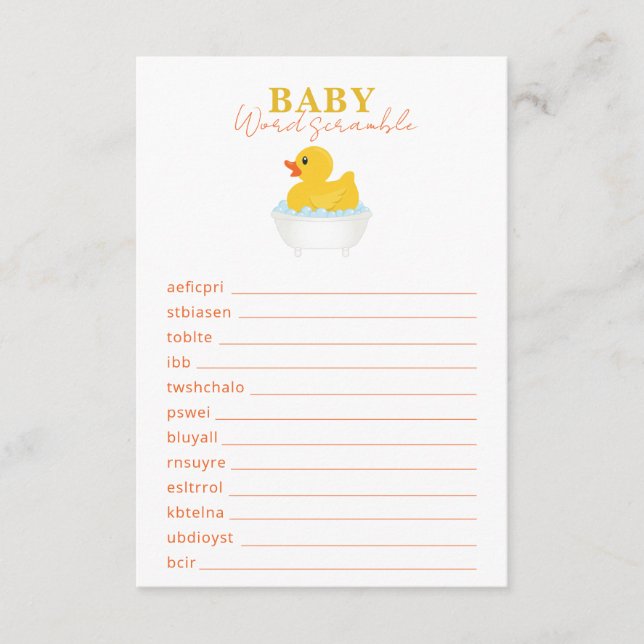Tarjeta De Recepción Rubber Duck Baby Shower Word Scramble Game - Yello (Anverso)