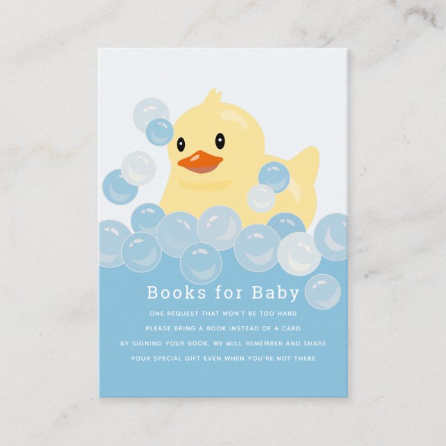 Tarjeta De Recepción Rubber Ducky Boy Blue Baby Shower Book Request (Anverso)