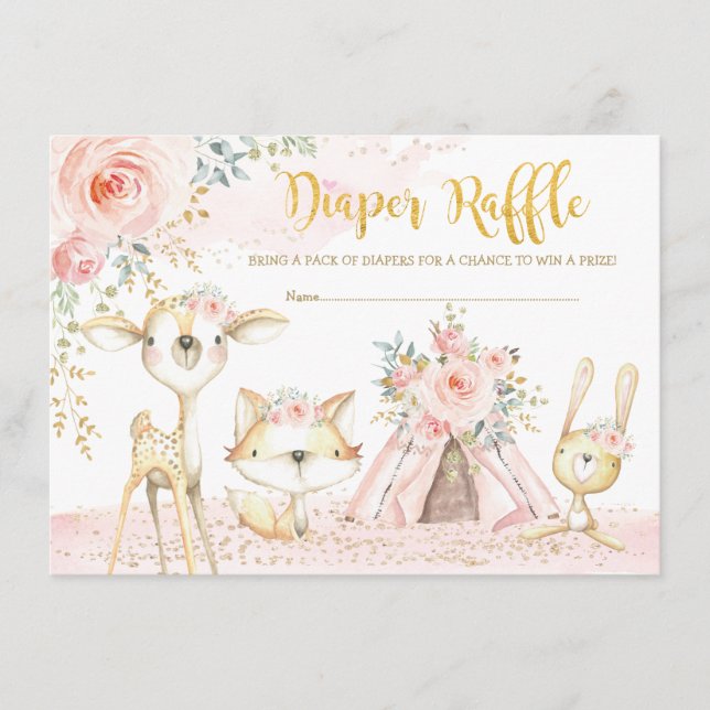 Tarjeta De Recepción Rubor Boho Tribal Woodland Animals Diaper Raffle (Anverso)