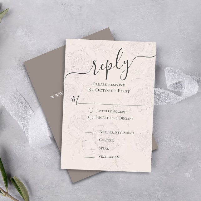 Tarjeta De Recepción Rubor Floral Boda Classic Reply (Classic Wedding RSVP card with traditional guest meal option response.)