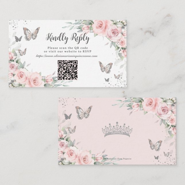 Tarjeta De Recepción Rubor Floral Butterflies Quinceañera QR Code RSVP (Anverso / Reverso)