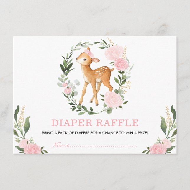 Tarjeta De Recepción Rubor Floral Greenery Woodland Deer Diaper Raffle (Anverso)