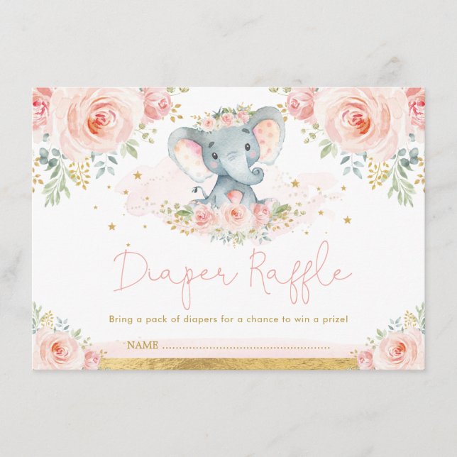 Tarjeta De Recepción Rubor Gold Elephant Baby Girl Shower Diaper Raffle (Anverso)