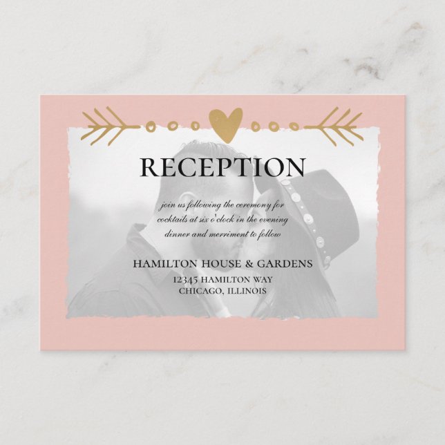 Tarjeta De Recepción Rubor Modern Photo Gold Hearts Reception (Anverso)