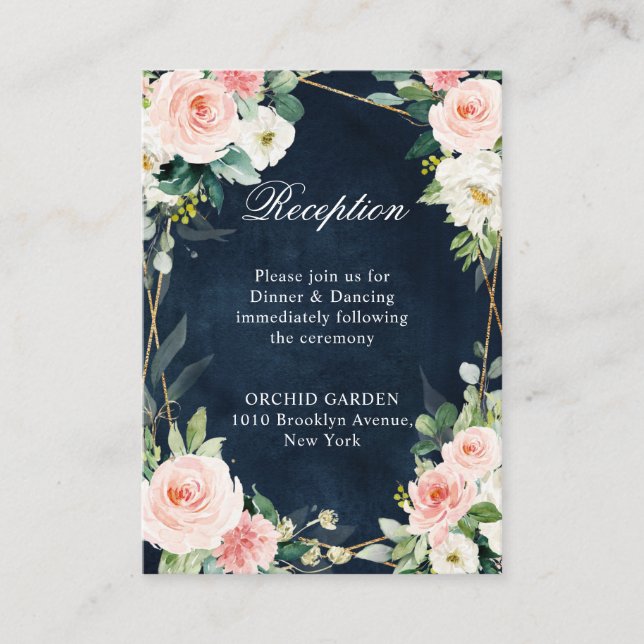 Tarjeta De Recepción Rubor Navy Dusty Blue Floral Geométrica Botánica (Anverso)