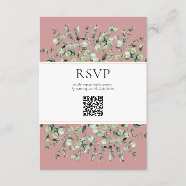 Tarjeta De Recepción Rubor Pink Eucalyptus QR Code Wedding RSVP (Anverso)