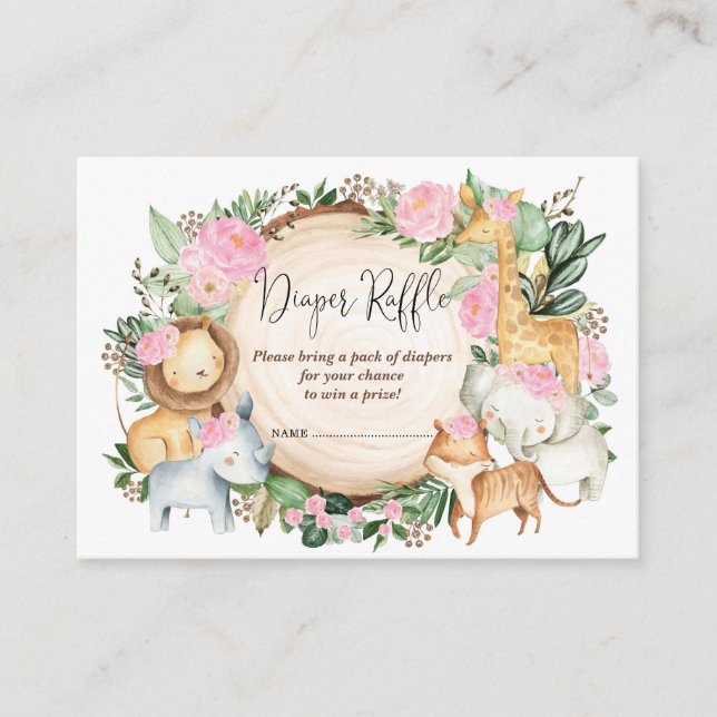 Tarjeta De Recepción Rubor Pink Jungle Safari Baby Diaper Raffle (Anverso)