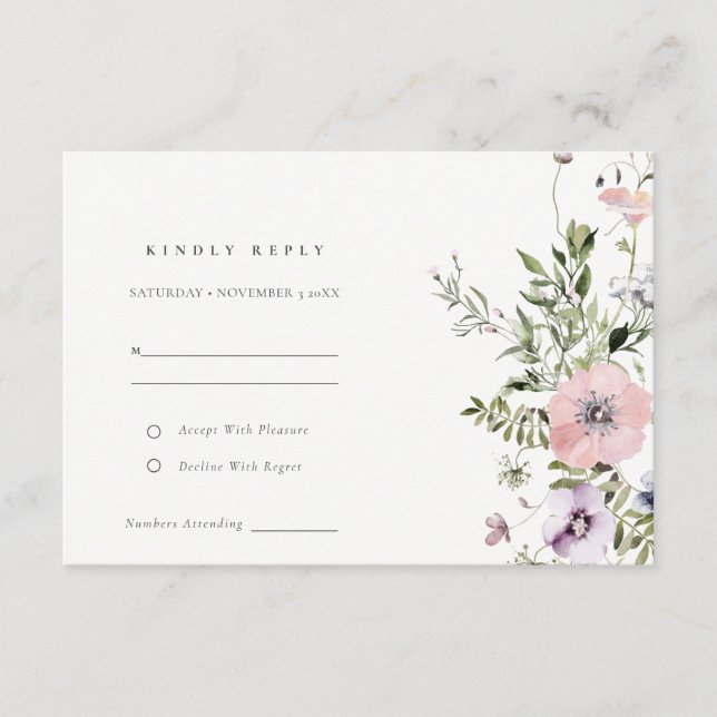 Tarjeta De Recepción Rubor Pink Lilac Wildflower Wreath Wedding RSVP (Anverso)