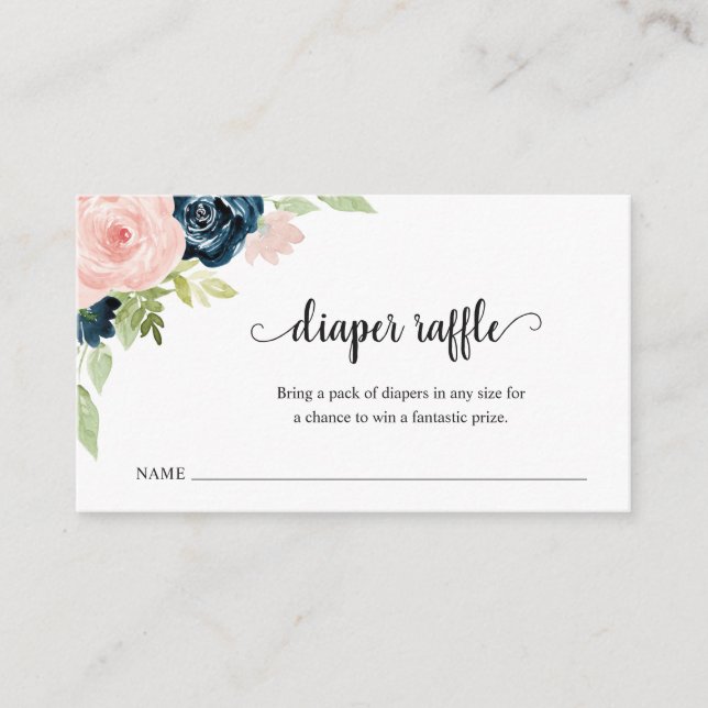 Tarjeta De Recepción Rubor Pink Navy Blue Diaper Raffle Baby Shower (Anverso)
