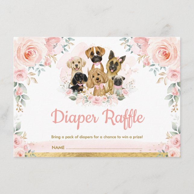 Tarjeta De Recepción Rubor Puppy Perros Baby Girl Shower Diaper Raffle (Anverso)