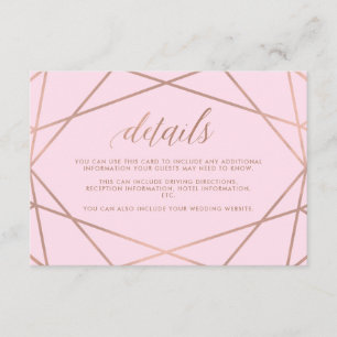 Tarjeta De Recepción Rubor Rosa y Faux Rosa Gold   Detalles del invitad