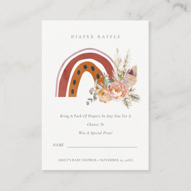 Tarjeta De Recepción Rust Boho Floral Rainbow Diaper Raffle Baby Shower (Anverso)