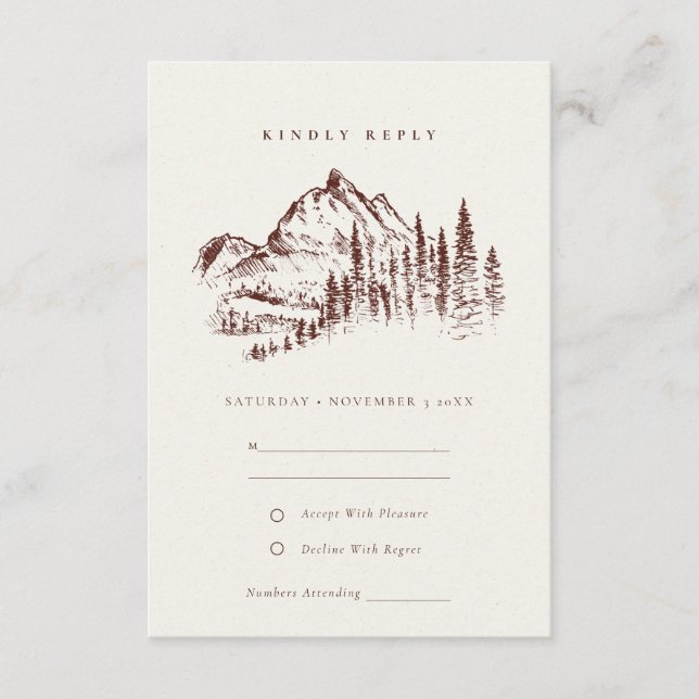 Tarjeta De Recepción Rust Pine Woods Mountain Sketch Wedding RSVP (Anverso)