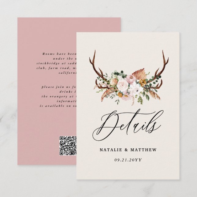 Tarjeta De Recepción Rustic Antler Floral Wedding woodland Boho Details (Anverso / Reverso)
