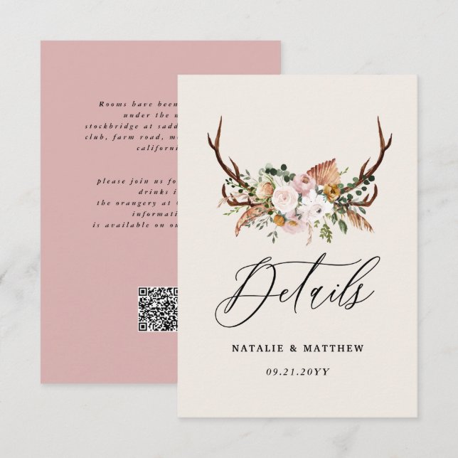 Tarjeta De Recepción Rustic Antler Floral Wedding woodland Boho Details (Anverso / Reverso)