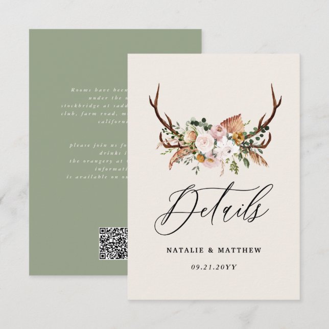 Tarjeta De Recepción Rustic Antler Floral Wedding woodland Boho Details (Anverso / Reverso)