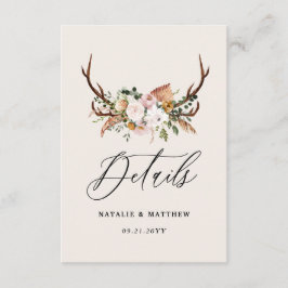 Tarjeta De Recepción Rustic Antler Floral Wedding woodland Boho Details