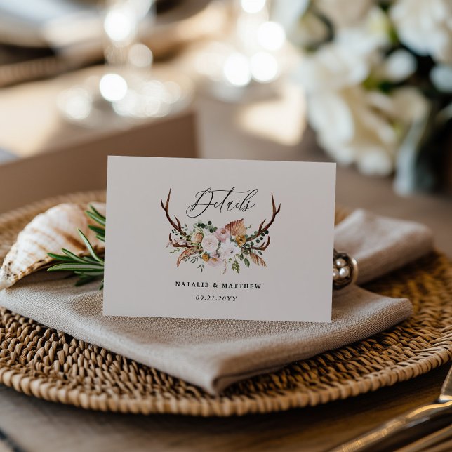 Tarjeta De Recepción Rustic Antler Floral Wedding woodland Boho Details (Subido por el creador)