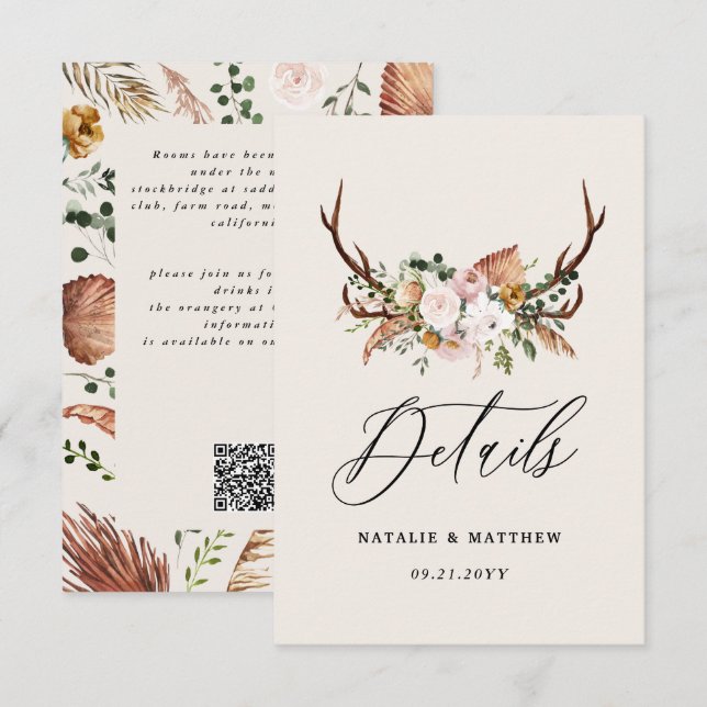 Tarjeta De Recepción Rustic Antler Floral Wedding woodland Boho Details (Anverso / Reverso)