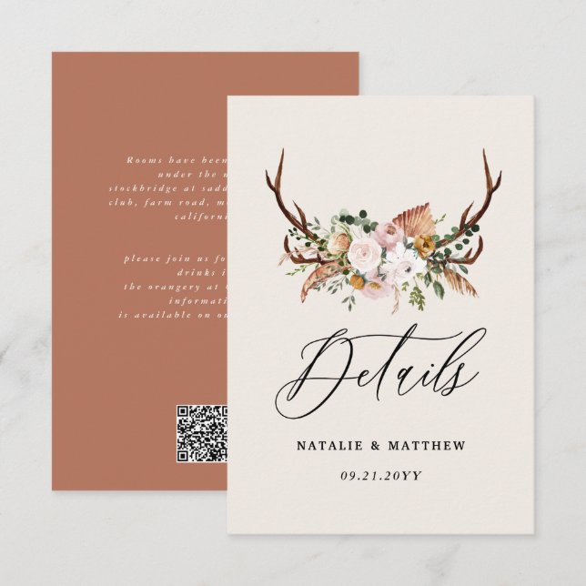 Tarjeta De Recepción Rustic Antler Floral Wedding woodland Boho Details (Anverso / Reverso)
