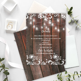 Tarjeta De Recepción Rustic Barn Wood Lace String Lights Wedding Detail