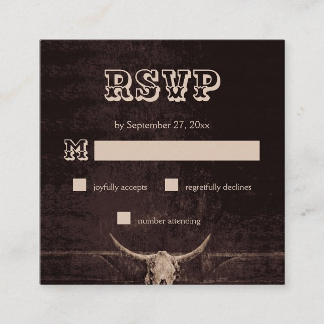 Tarjeta De Recepción Rustic Brown Western Bull Skull Wedding RSVP (Anverso)