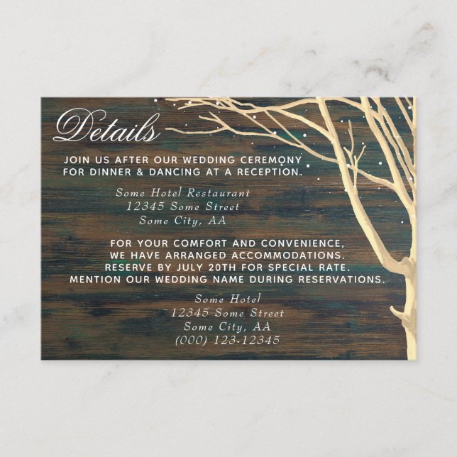 Tarjeta De Recepción Rustic Dark Wood Tree Call Winter Wedding (Anverso)