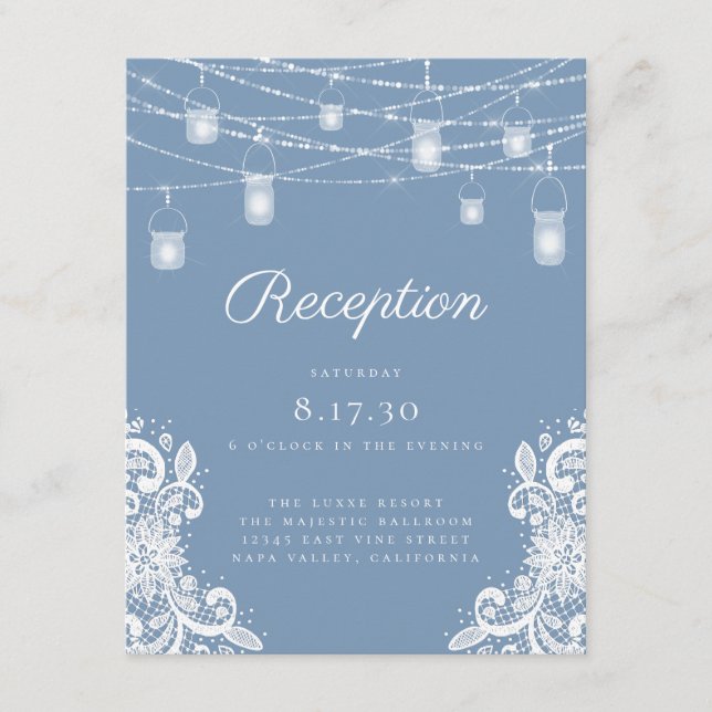Tarjeta De Recepción Rustic Dusty Blue Lights Wedding (Anverso)