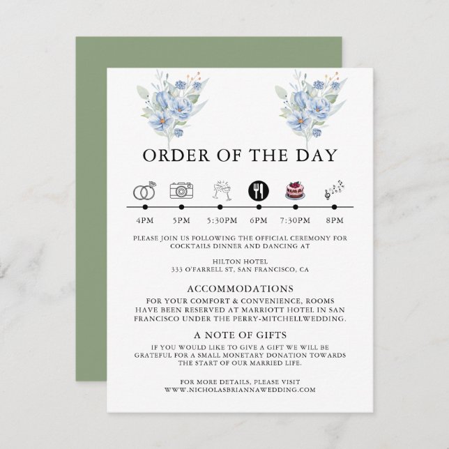 Tarjeta De Recepción rustic dusty blue watercolor flowers & leaves (Anverso / Reverso)