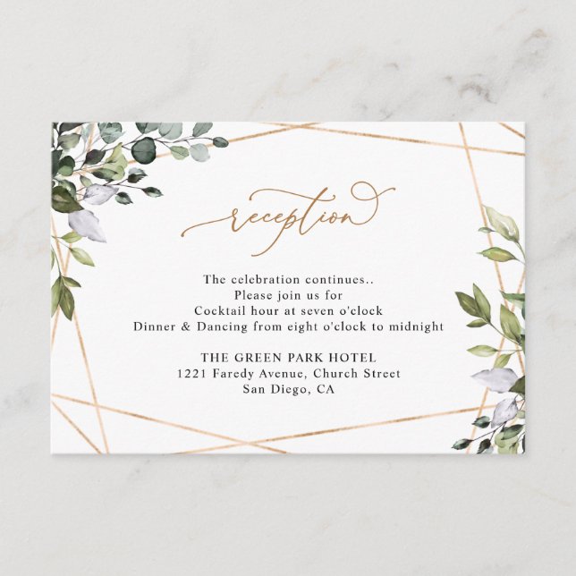 Tarjeta De Recepción Rustic Eucalyptus Greenery Gold Wedding Reception (Anverso)