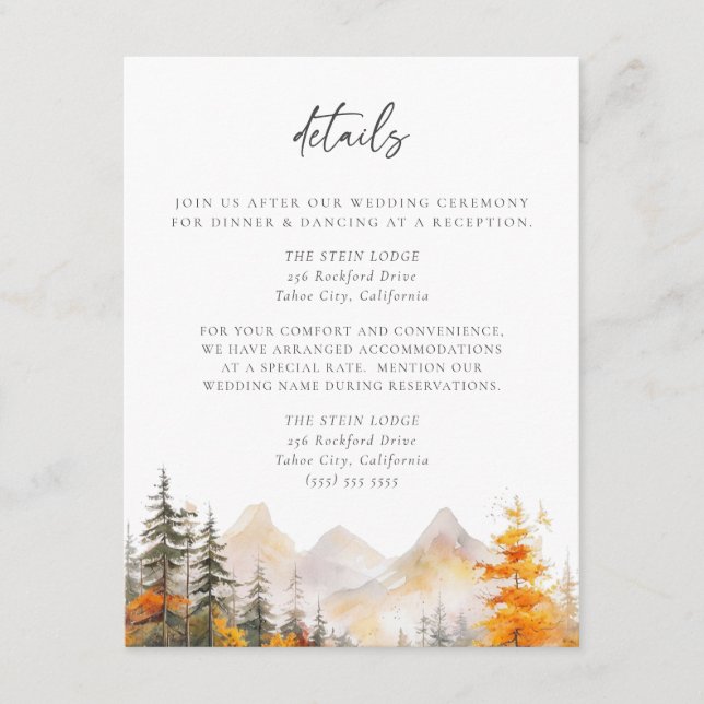Tarjeta De Recepción Rustic Fall Mountain Pine Forest Wedding Details (Anverso)