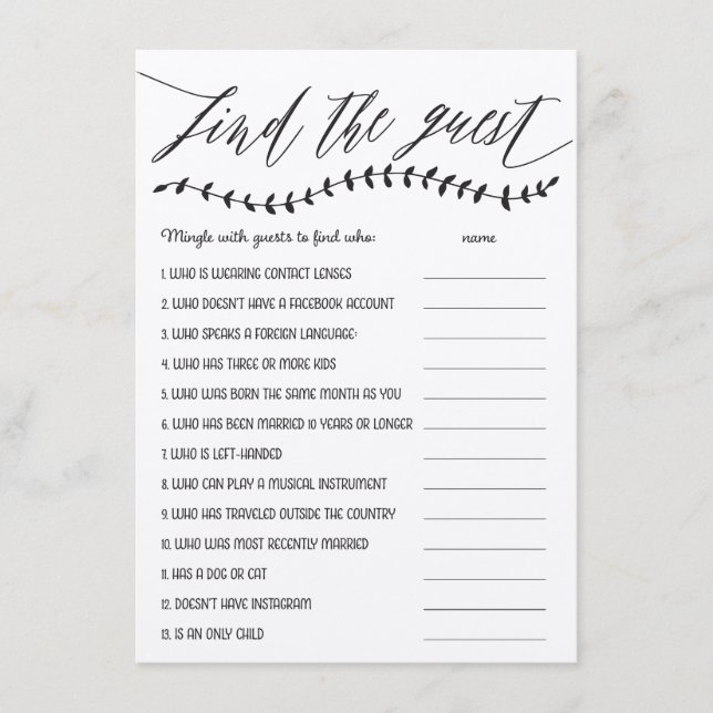 Tarjeta De Recepción Rustic Find the Guest Bridal Shower Game (Anverso)