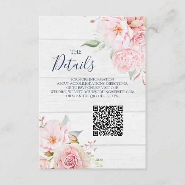 Tarjeta De Recepción Rustic Floral Wedding QR code Details Insert (Anverso)