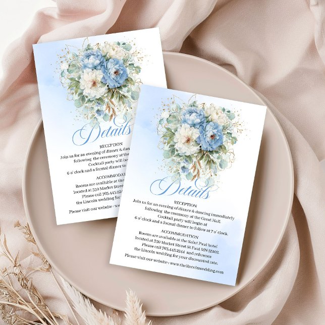 Tarjeta De Recepción Rustic Light Blue Floral Greenery Wedding Details  (Rustic Light Blue Floral Greenery Wedding Details Card)