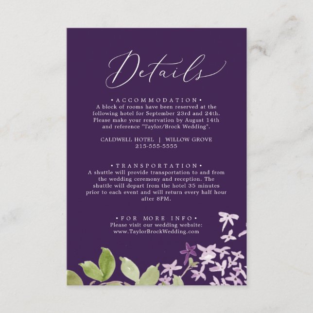 Tarjeta De Recepción Rustic Lilac | Detalles del Boda púrpura (Anverso)