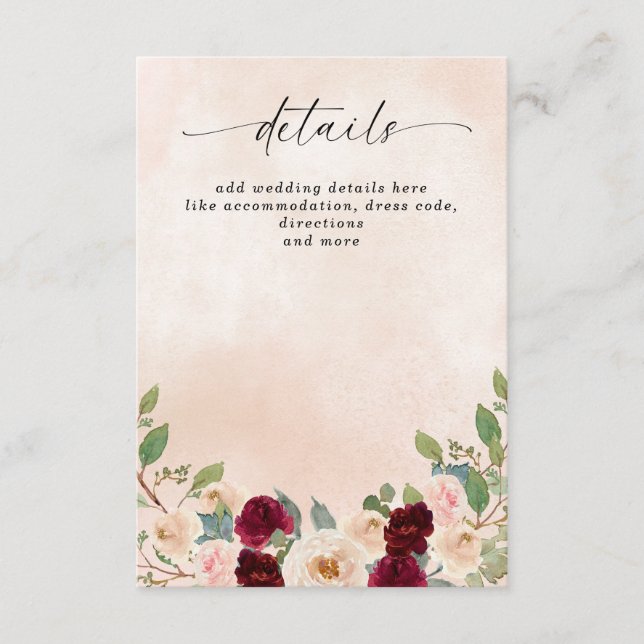 Tarjeta De Recepción Rustic Modern Burgundy Peach Floral Fall Wedding (Anverso)