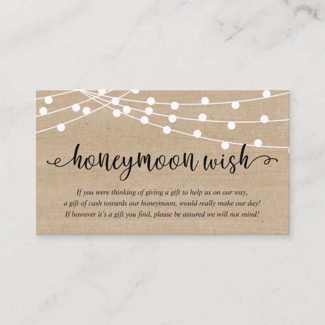 Tarjeta De Recepción Rustic Party String Lights, Wedding Honeymoon Wish (Anverso)