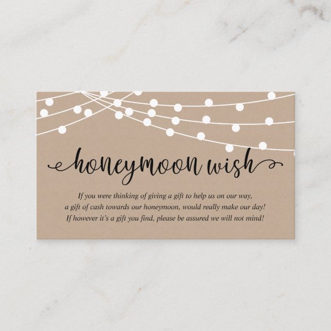 Tarjeta De Recepción Rustic Party String Lights, Wedding Honeymoon Wish (Anverso)