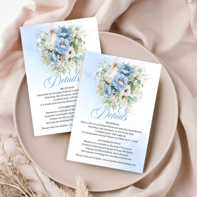 Tarjeta De Recepción Rustic Pastel Blue Peonies Greenery Details (Rustic Pastel Blue Peonies Greenery Details)