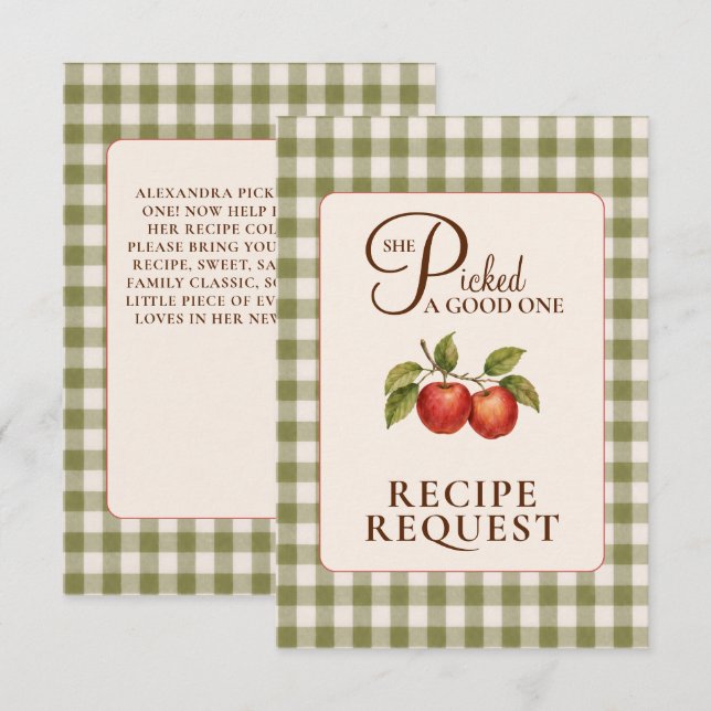 Tarjeta De Recepción Rustic Sage Green Gingham Apple Bridal Shower (Anverso / Reverso)
