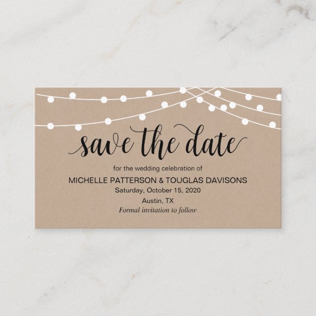Tarjeta De Recepción Rustic String Lights, Black, Wedding Save the date (Anverso)