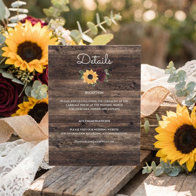 Tarjeta De Recepción Rustic Sunflower and Roses Wedding Details (Subido por el creador)